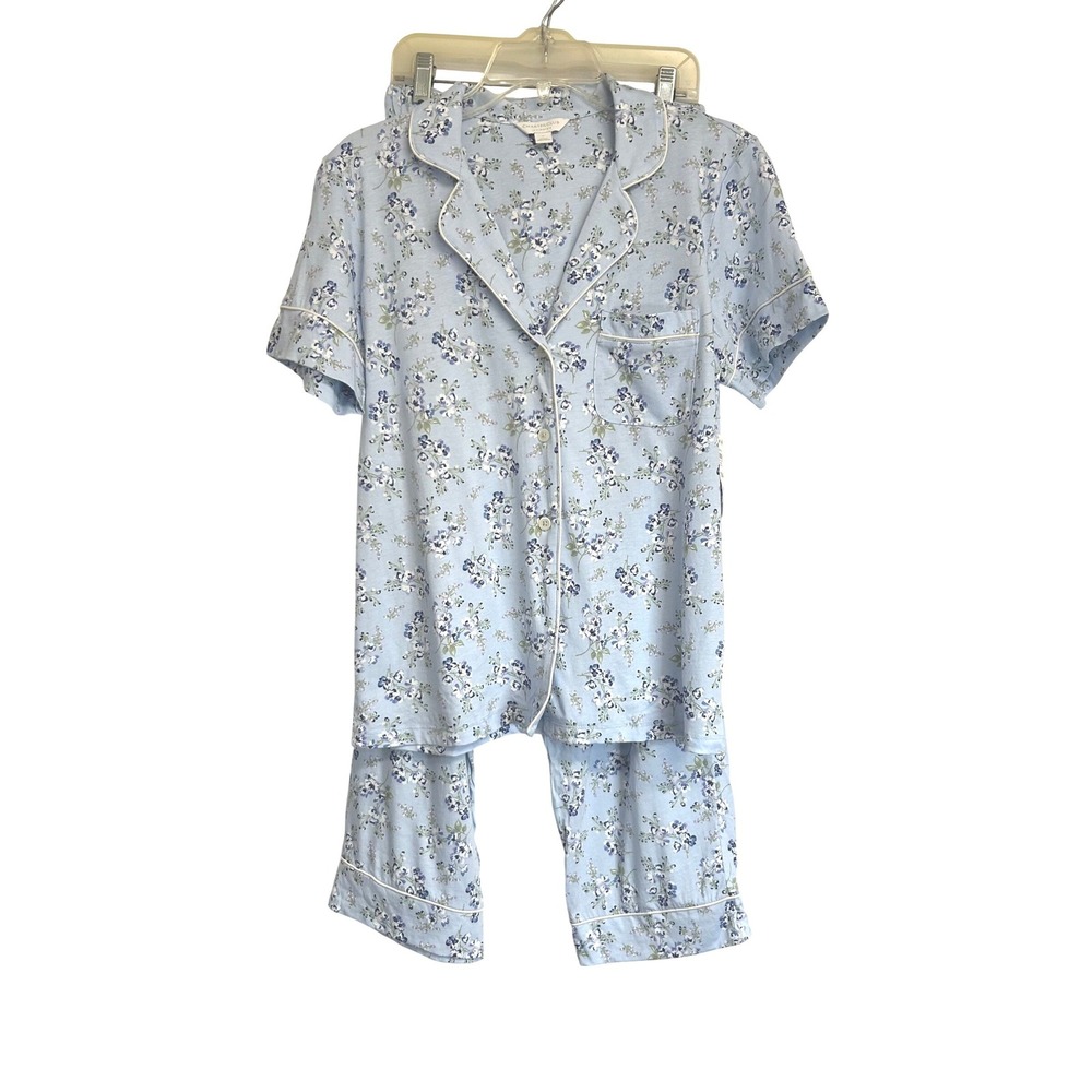 Charter Club Intimates Blue Floral Pajama Set Short Sleeve Button Top Pants S